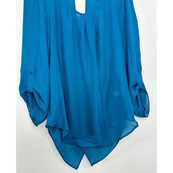 Melissa Paige Blouse Women Large Blue Long Roll Tab Sleeve Cross Back NWT - Picture 3 of 10